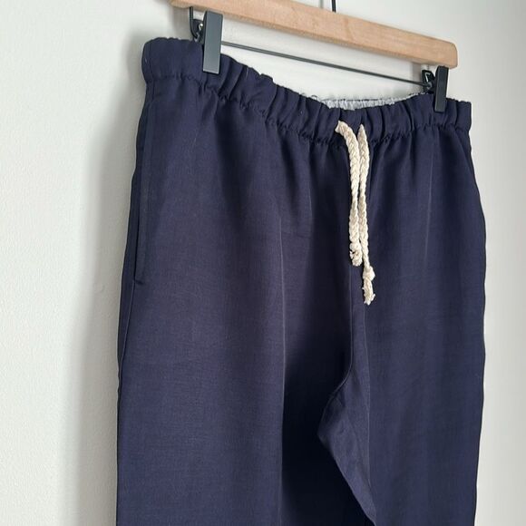 ZARA Women’s Navy Blue Rustic Linen Blend Drawstring Pants Size L - Picture 3 of 10